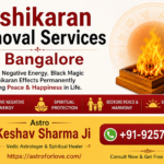 Vashikaran Removal Services in Bangalore banner featuring Astro Keshav Sharma Ji with spiritual healing and black magic removal services, contact number +91-9257130289 and website astroforlove.com