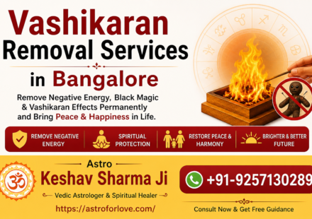 Vashikaran Removal Services in Bangalore banner featuring Astro Keshav Sharma Ji with spiritual healing and black magic removal services, contact number +91-9257130289 and website astroforlove.com